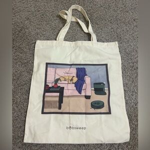Bobsweep Cream Canvas Tote Bag Illustrated Dog Scene Vacuum Travel Unisex Open